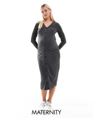 Mamalicious Maternity - Geripptes Midi-Strickjackenkleid in Grau mit Stillfunktion