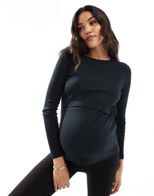 Mamalicious Maternity - Geripptes Still-Oberteil aus schwarzem Jersey