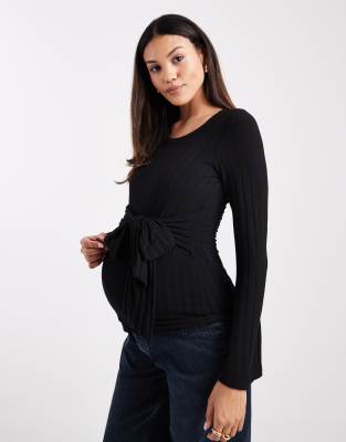 Mamalicious Maternity - Geripptes Umstands-Oberteil aus Jersey in Schwarz mit Schnürung vorne, Kombiteil