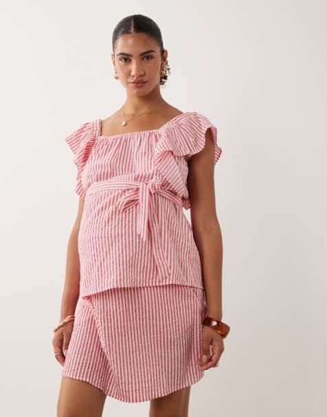 Mamalicious Maternity - Gestreepte seersucker top met fladdermouwen in wit en rood, deel van co-ord set - view 1