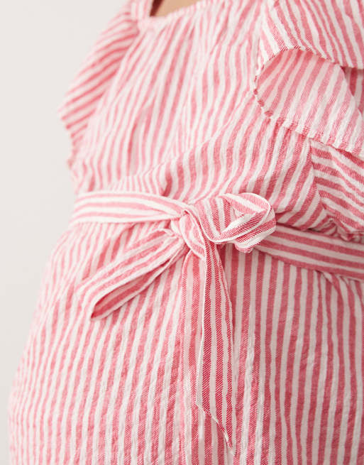 Mamalicious Maternity - Gestreepte seersucker top met fladdermouwen in wit en rood, deel van co-ord set, 3 van 4