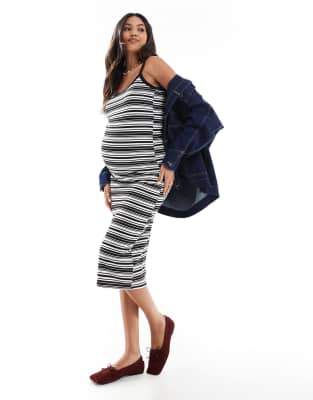 Mamalicious Maternity - Gestreiftes Midikleid aus Jersey in Schwarz-Weiß