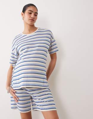 Mamalicious Maternity - Gestreiftes Oversize-T-Shirt aus strukturiertem Jersey in Cremeweiß und Blau, Kombiteil Weiß M