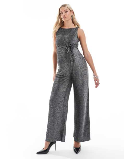 Mamalicious Maternity – Glitzernder Jersey-Jumpsuit in Schwarz mit weitem Bein, Umstandsmode - view 1