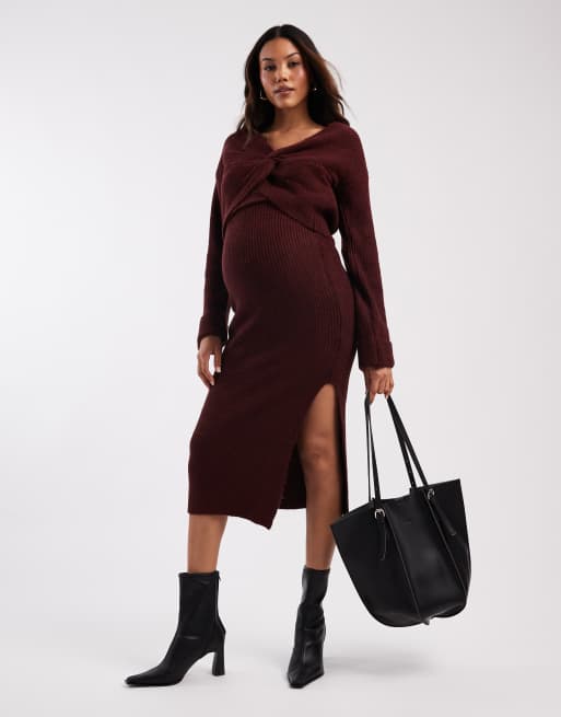Mamalicious Maternity - Gonna midi in maglia color bordeaux in coordinato