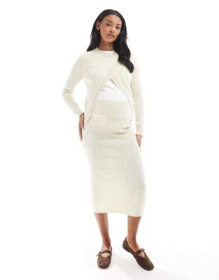 Mamalicious Maternity - Gonna midi in maglia lavorata a trecce color crema mélange in coordinato