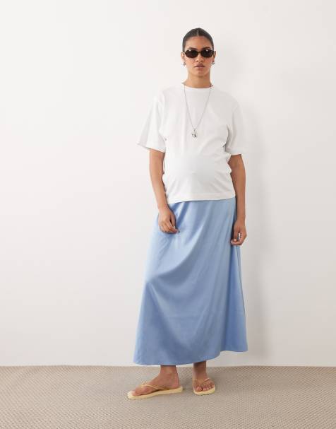 Mamalicious Maternity - Gonna midi in raso blu brunnera con fascia sopra il pancione - view 1