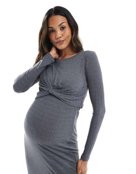 Mamalicious – Maternity – Gråmelerad, ribbad topp i jersey med knut framtill, del av set - view 1