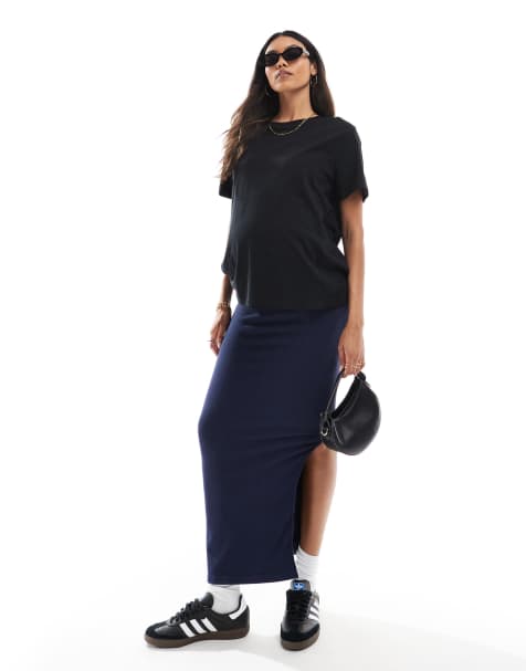 Mamalicious Maternity seamless over the bump maxi skirt in navy