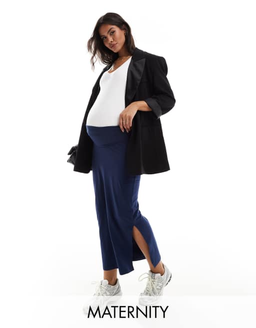 Mamalicious Maternity – Granatowa spódnica dżersejowa maxi o fasonie zasłaniającym brzuch