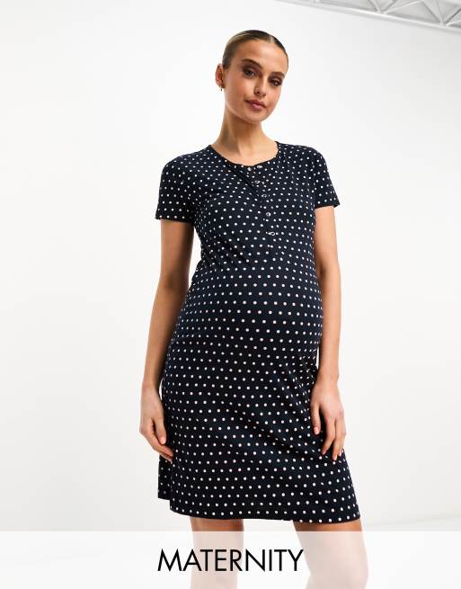 Mamalicious Maternity – Granatowo-różowa koszula nocna z funkcją karmienia, we wzór w groszki 
