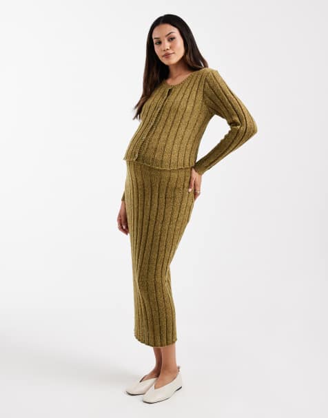 Mamalicious – Maternity – Gröngult, ribbstickat och kort set med kofta och midikjol - view 1