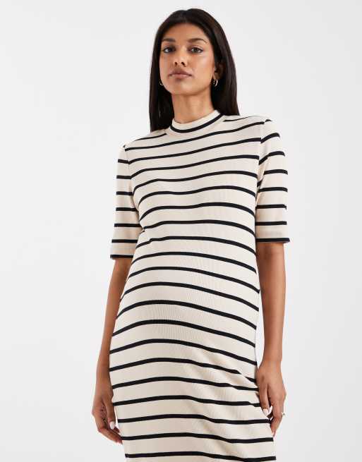 Mamalicious Maternity half sleeve high neck midi dress in cream with black stripe, 4 of 4