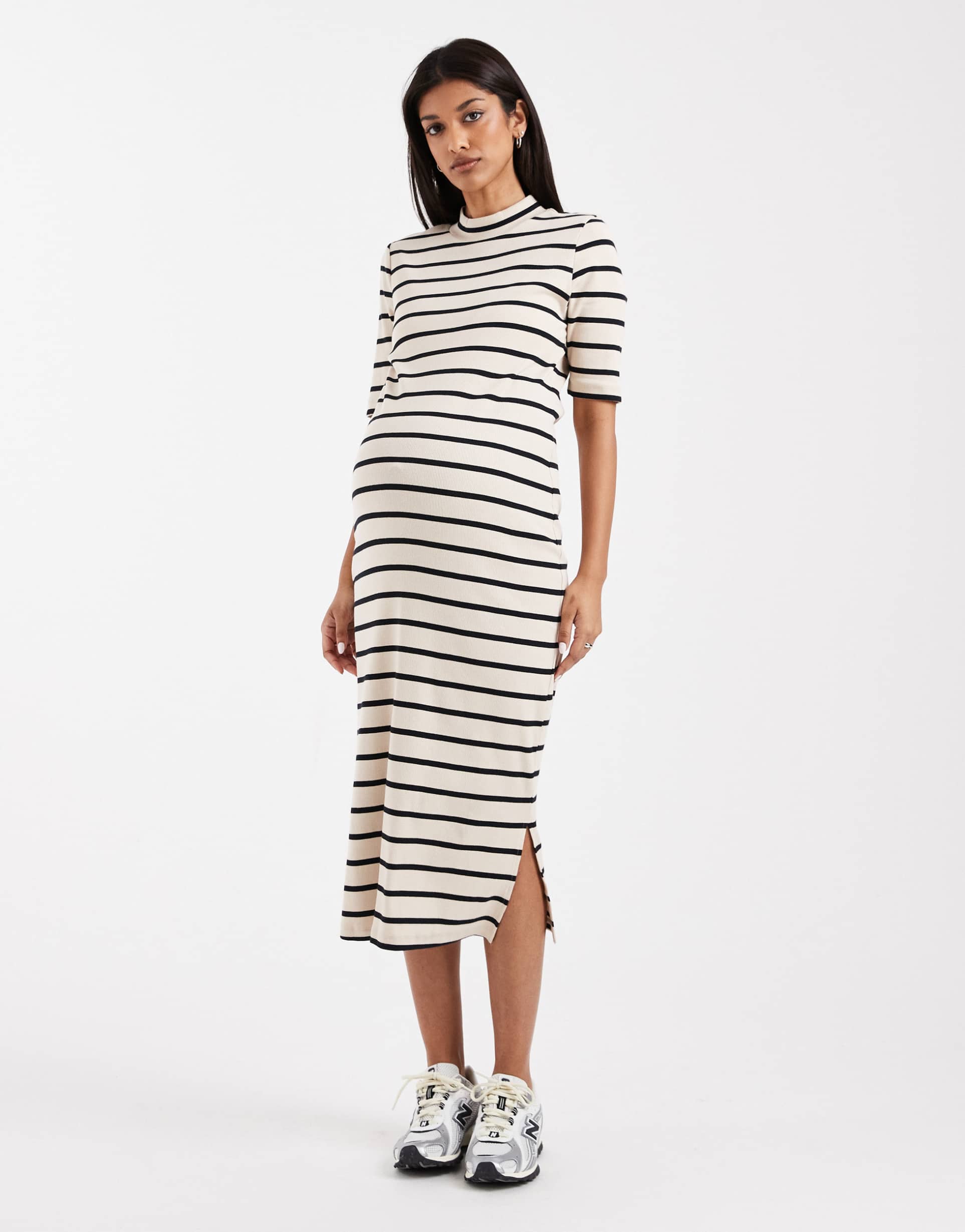 mamalicious maternity half sleeve high neck midi dress in cream with black stripes