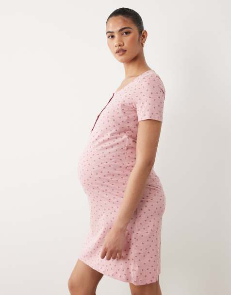Mamalicious Maternity heart print nightdress with nursing function in pink - view 1