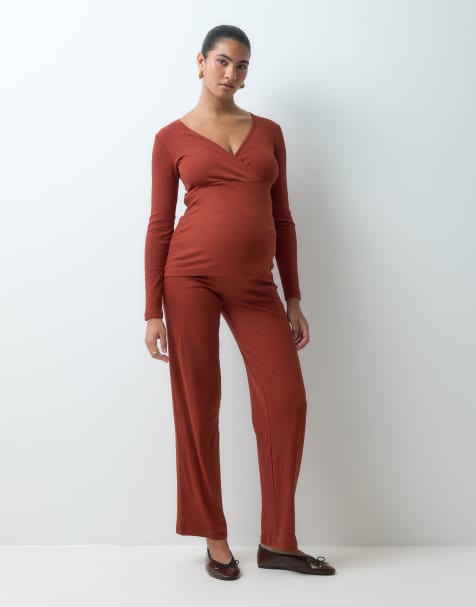 Mamalicious Maternity heavy ribbed wide leg pants co-ord in burnt henna - view 1