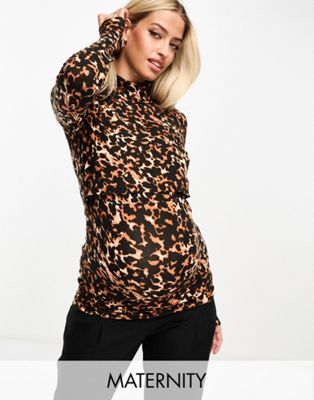 Mamalicious maternity high neck jersey top in leopard print
