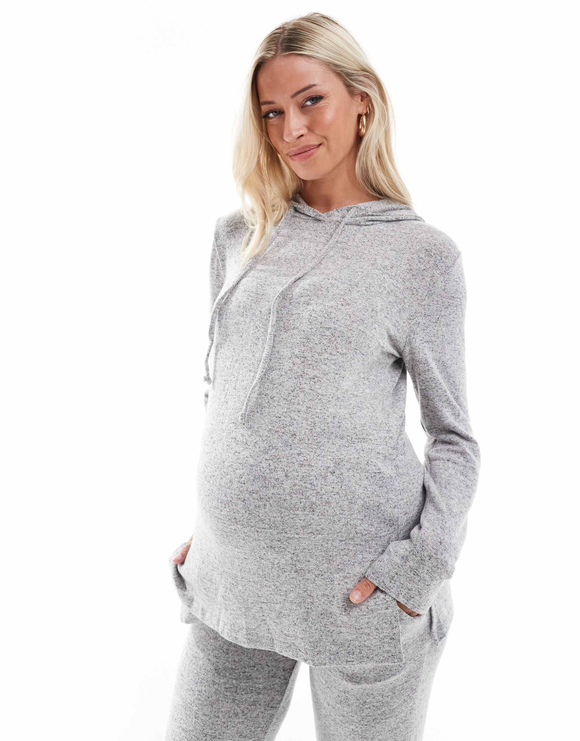mamalicious maternity hooded jersey top in light gray melange - part of a set