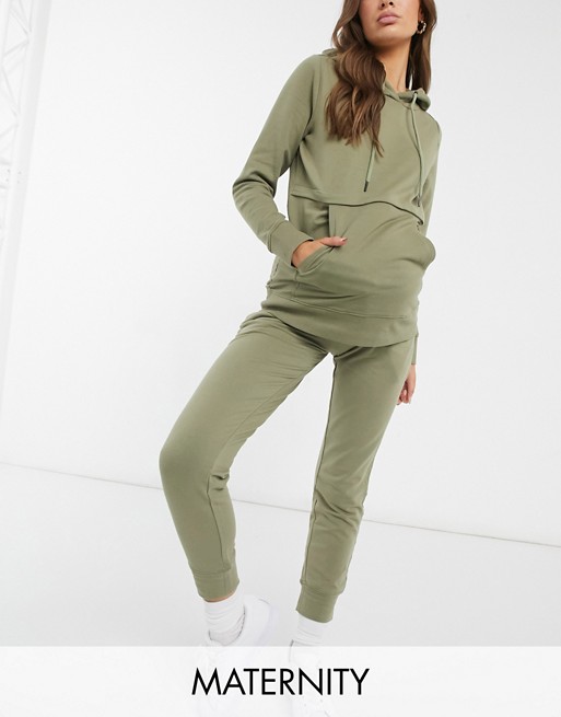 Mamalicious Maternity hoodie co-ord with nursing function in khaki