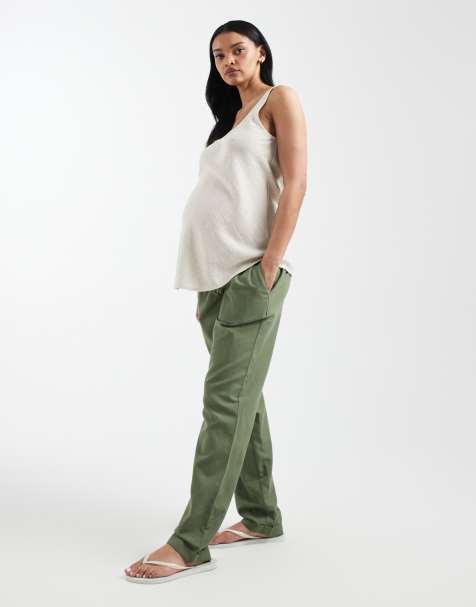Mamalicious Maternity – Hose in khaki Leinenoptik mit Bindegürtel, Umstandsmode - view 1