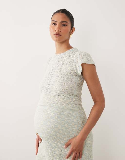 Mamalicious Maternity – Bladozielony dżersejowy zestaw z koronką w stokrotki: krótki top i spódnica midi, 2 z 3