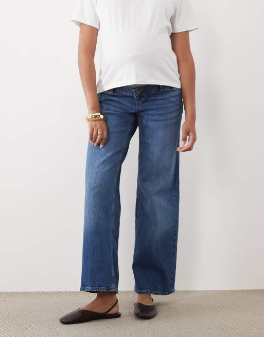 Mamalicious Maternity jeans wide leg sopra il pancione in denim blu medio, 2 di 5