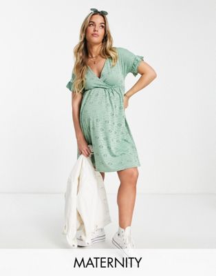 Mamalicious Maternity jersey broderie mini dress in green