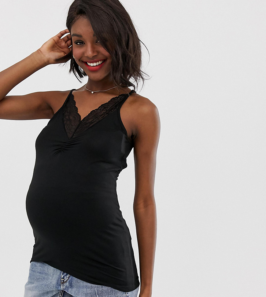 Mamalicious Maternity - Jersey cami-top met kanten afwerking-Zwart