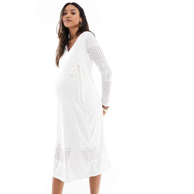 white midi dress maternity White Smocked Puff Sleeve Maternity Midi Dress  PinkBlush