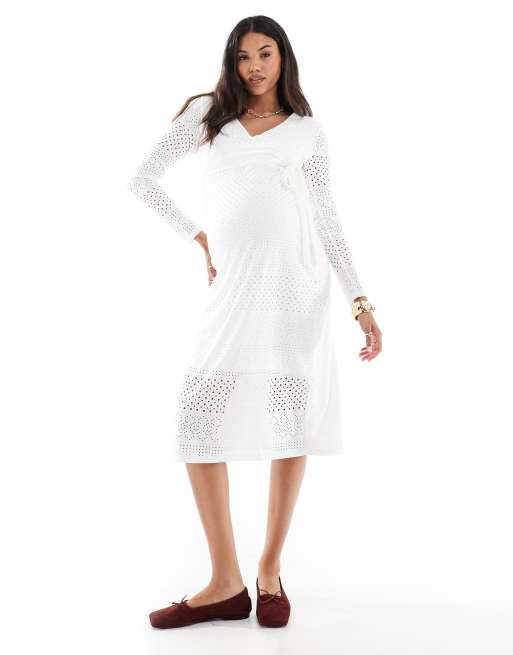 Mamalicious Maternity jersey eyelet wrap midi dress in white, 3 of 4