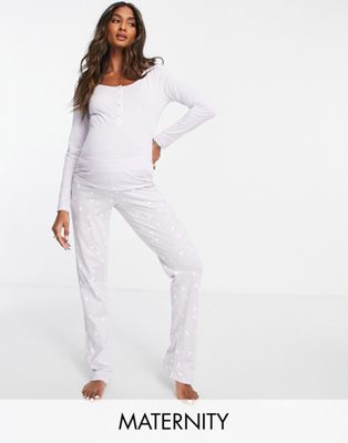 Mamalicious Maternity jersey long sleeve pyjama set in grey heart print
