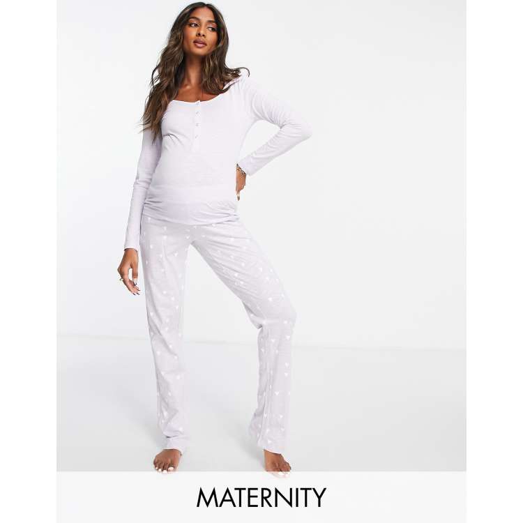 Mamalicious Maternity Pink Long Sleeve Pyjama Set with Heart Print