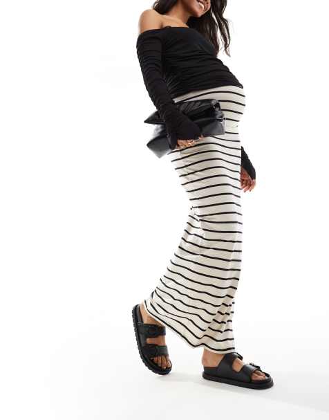 Mamalicious Maternity – Jersey-Maxirock in gestreiftem Cremeweiß mit Überbauchbund - view 1