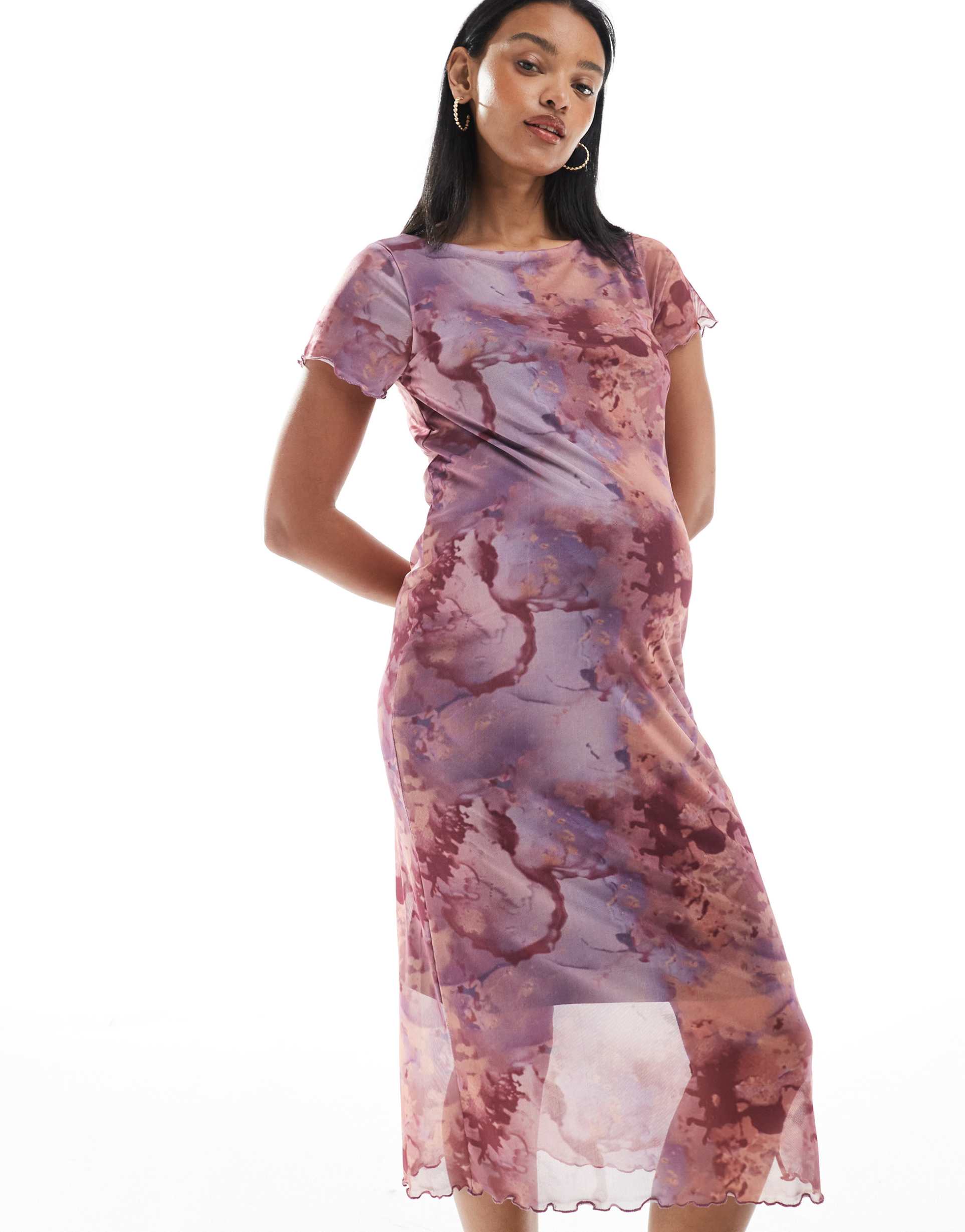 mamalicious maternity jersey mesh boat neck midi dress in pink marble print
