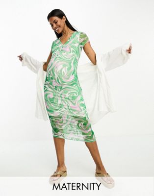 Mamalicious Maternity jersey mesh bodycon midi dress in marble print