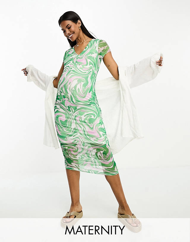 Mama.licious - Mamalicious Maternity jersey mesh bodycon midi dress in marble print