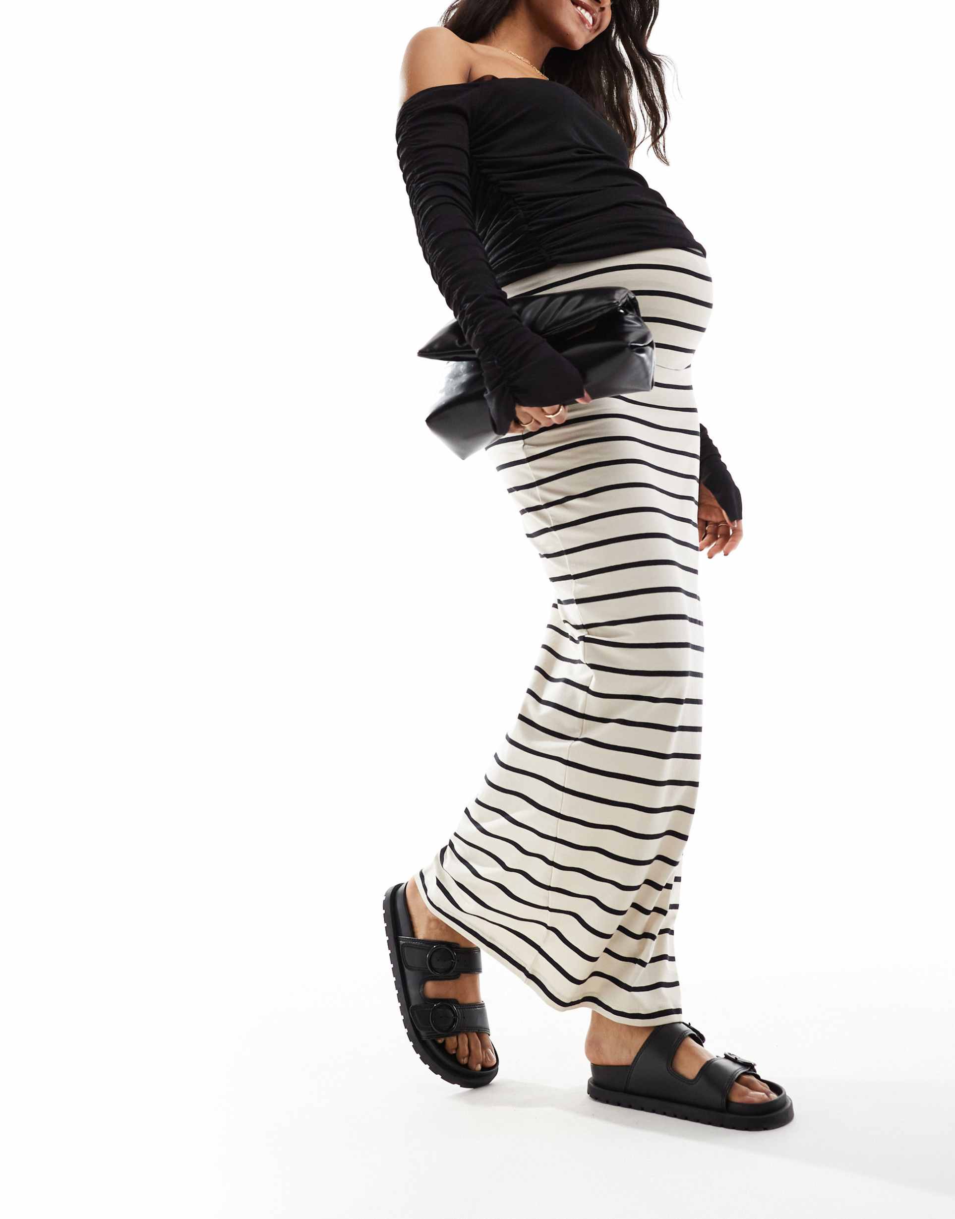 mamalicious maternity jersey over the bump maxi skirt in cream stripe