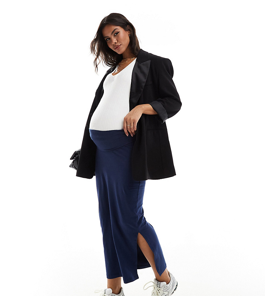 Mamalicious Maternity jersey over the bump maxi skirt in navy-Blue