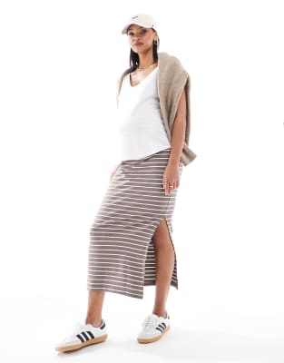 Mamalicious Maternity jersey over the bump maxi skirt in taupe stripe-Neutral