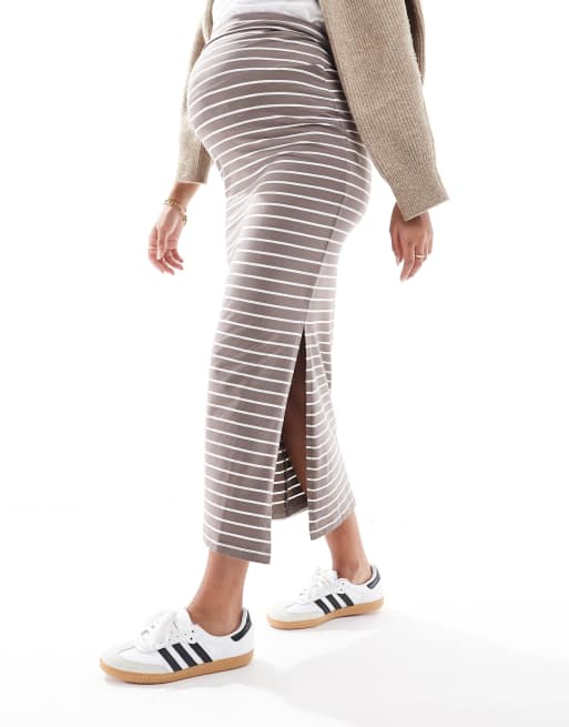 Mamalicious Maternity jersey over the bump maxi skirt in taupe stripe, 2 of 5