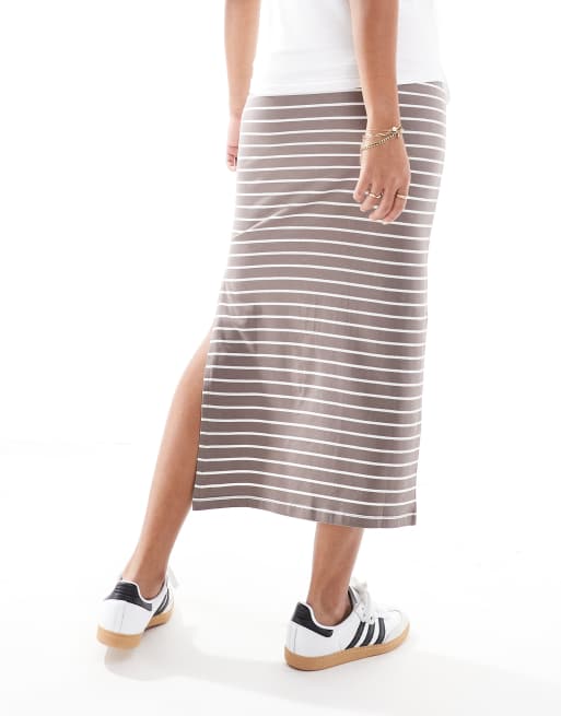 Mamalicious Maternity jersey over the bump maxi skirt in taupe stripe, 4 of 5