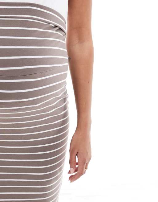 Mamalicious Maternity jersey over the bump maxi skirt in taupe stripe, 5 of 5