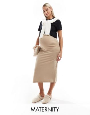 Mama.licious Mamalicious Maternity Jersey Ponte Midi Skirt In Beige-neutral