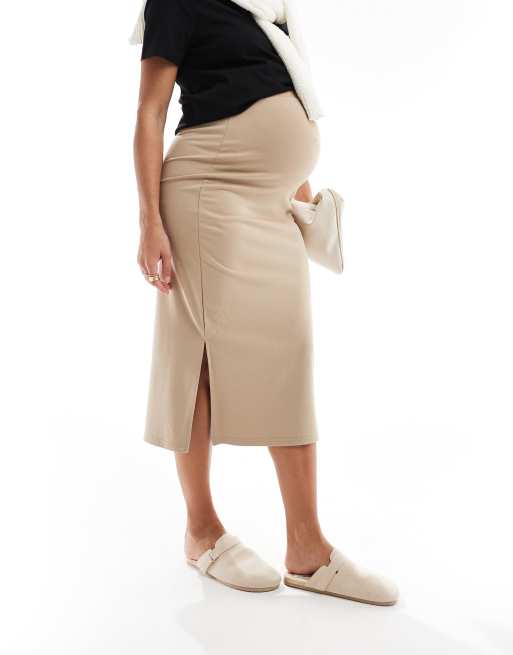 Mamalicious Maternity jersey ponte midi skirt in beige, 4 of 5