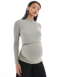 [Mama.licious] Mamalicious Maternity jersey rib funnel neck top with hidden nursing overlay in khaki-Neutral 2XL Overland Trek