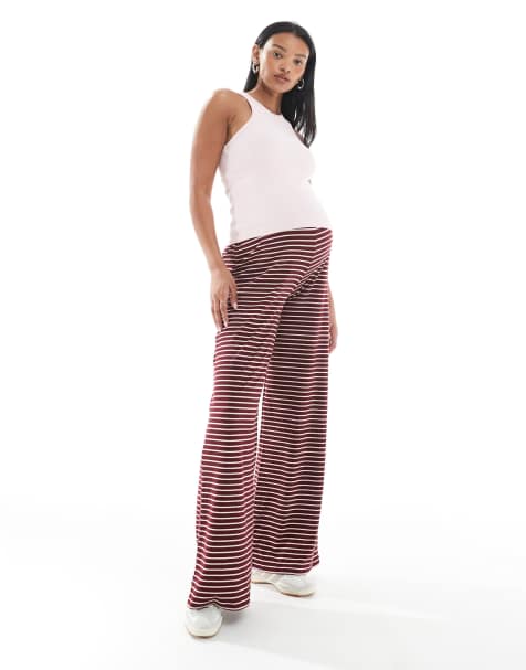 Mamalicious Maternity jersey rib wide leg trousers in red and cream stripe - view 1