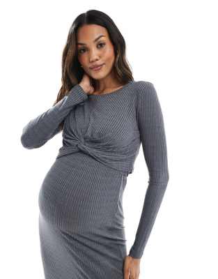 Mama.licious Mamalicious Maternity Jersey Ribbed Knot Front Top In Gray