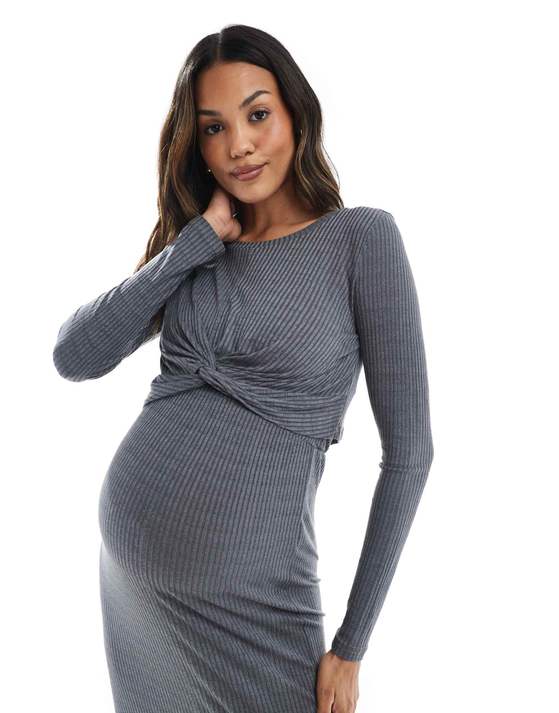 mamalicious maternity jersey ribbed knot front top in gray melange - part of a set