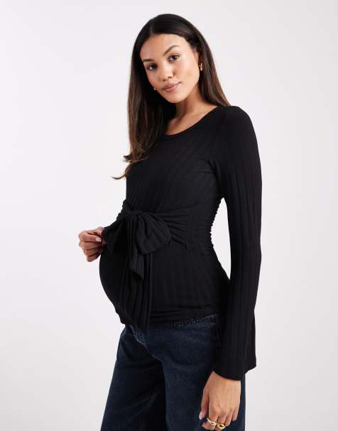 Mamalicious Maternity jersey ribbed tie front detail top in black - part of a set - view 1
