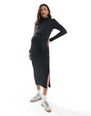 Mamalicious Maternity jersey ribbed turtle neck midi dress in black